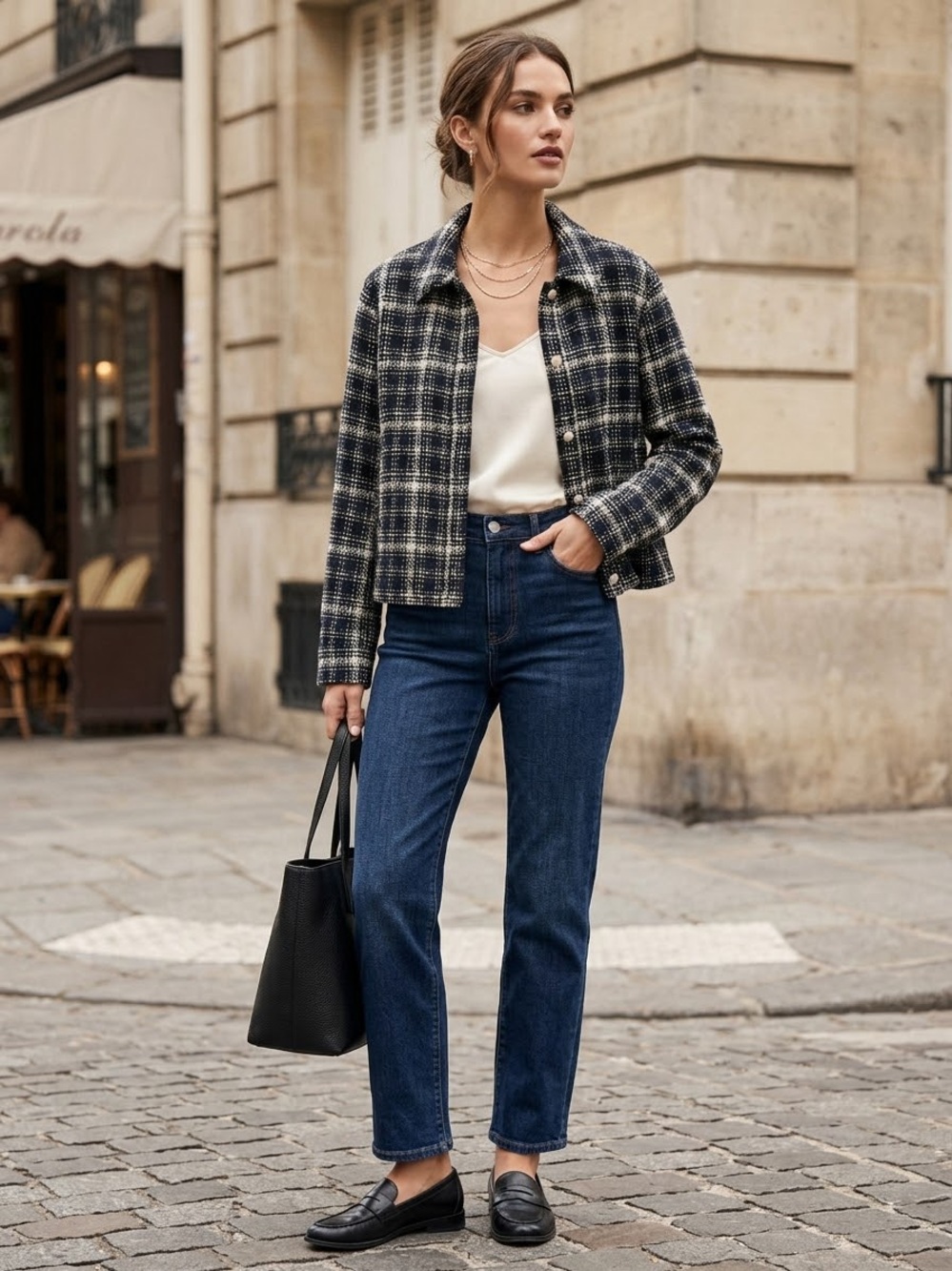 Express Black and White Plaid Cropped Button-Down Jacket